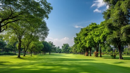 Obraz premium Lush Green Golf Course Landscape Under Bright Blue Sky with Fluffy Clouds and Ample Trees in Gorgeous Outdoor Setting for Recreational and Leisure Activities