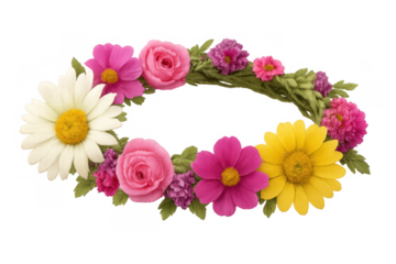 Flower wreath with colorful daisies and roses, spring floral decoration, celebrating nature and beauty on transparent background