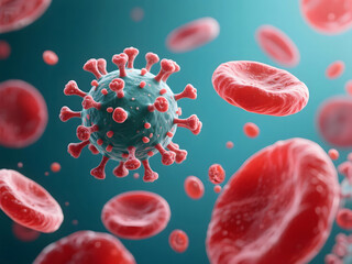 Microscopic visualization of virus particles interacting with red blood cells in a detailed scientific-style 3D environment