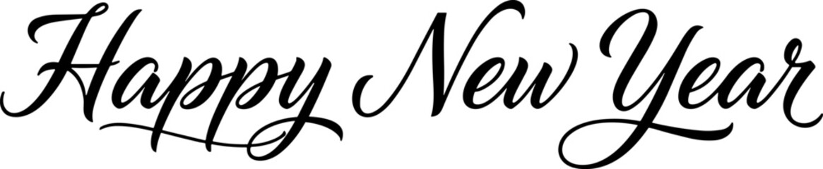 Happy New Year greeting card, elegant cursive black font, white background, minimalist festive design, celebration theme, stylish typography, holiday illustration