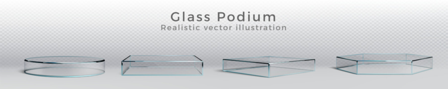 Glass podium. 3d stand platform, pedestal or product stage, transparent round base. Crystal ice display. Clear cube cylinder acrylic forms isolated elements. Vector minimal background
