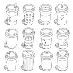 stylized icons represent different types of hot beverages and packaging designs, perfect for cafe branding or graphic resources.