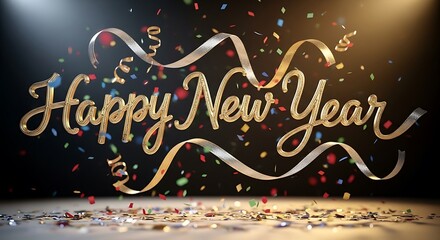 Golden happy new year lettering with confetti and ribbons on a dark background creating a festive and celebratory atmosphere for holiday greetings and wishes