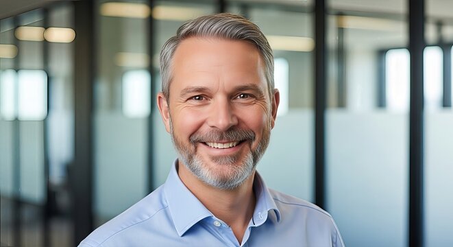 Confident mature professional smiling in a modern office environment headshot