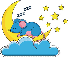 Cute sleeping mouse resting peacefully on a crescent moon in the night sky.