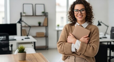 Confident young professional woman smiling in modern office embracing a book