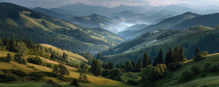Panoramic view of the Carpathian mountains with rolling green hills and forests at dawn