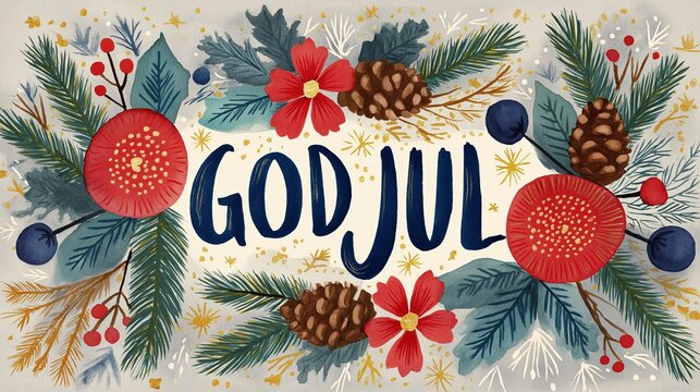 "God Jul" lettered merry christmas in swedish language greeting card with watercolor brush, surrounded by illustrated holly, pinecones, and berries, warm fairy light glow