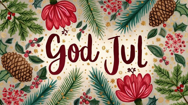 "God Jul" lettered merry christmas in swedish language greeting card with watercolor brush, surrounded by illustrated holly, pinecones, and berries, warm fairy light glow