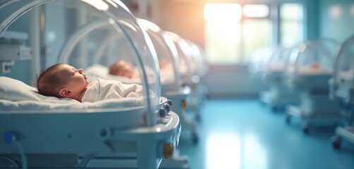 Newborn baby sleeps peacefully in modern hospital incubator. Many infants rest in rows of beds inside nursery ward. Clinic room offers professional medical care, safety. Quiet space for motherhood,