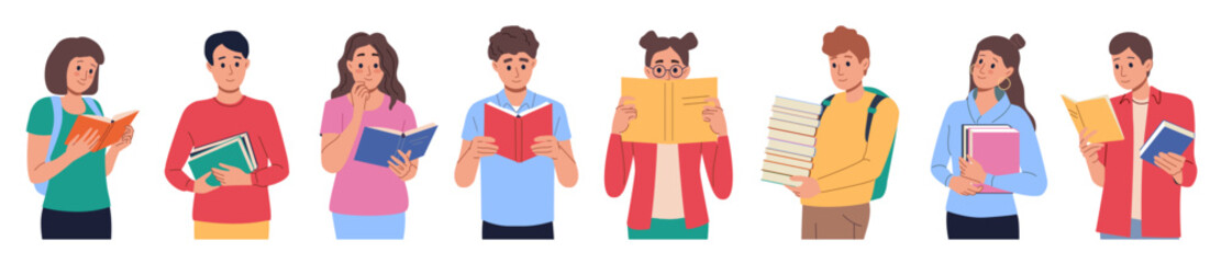 Book readers. Young woman student, man people person in library enjoying literature. Standing cute couple, knowledge and education studying group. Vector cartoon flat style isolated set © SpicyTruffel