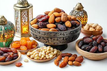 A classic Ramadan/Iftar setup with dates, mixed nuts (almonds, walnuts, pistachios) and dried apricots on a rustic wooden table, illuminated by a glowing, ornate Arabic lantern.