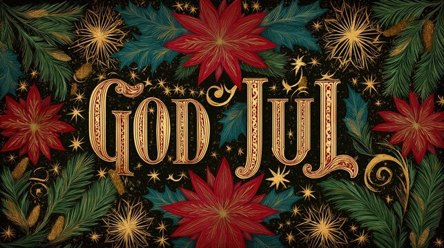 "God Jul" Swedish Christmas greeting in ornate lettering, intricate Nordic-inspired typography, vibrant red and green holiday palette, surrounded by sparkling snowflakes 