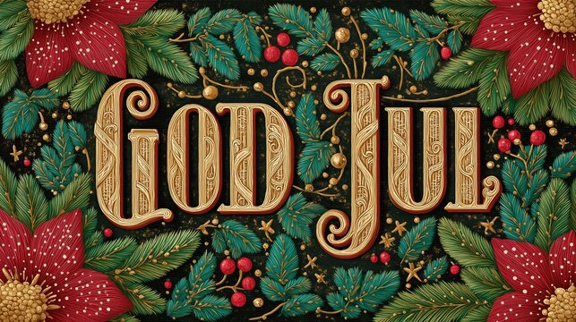 "God Jul" Swedish Christmas greeting in ornate lettering, intricate Nordic-inspired typography, vibrant red and green holiday palette, surrounded by sparkling snowflakes 