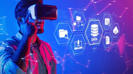 A young man explores a digital world through a virtual reality headset, interacting with data visualization graphics, symbolizing the blend of technology and innovation. Raster