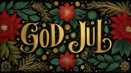 "God Jul" Swedish Christmas greeting in ornate lettering, intricate Nordic-inspired typography, vibrant red and green holiday palette, surrounded by sparkling snowflakes 