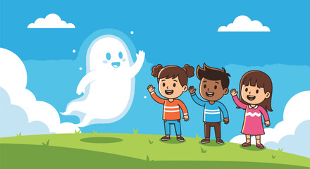 Children Waving at a Friendly Ghost in a Cartoon Illustration.
