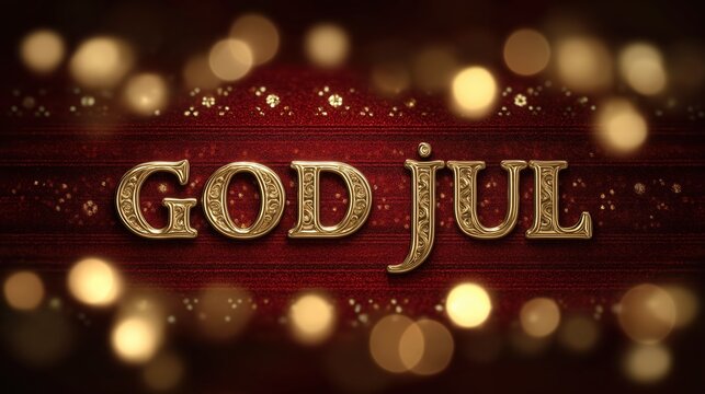Luxurious Merry Christmas card in swedish language "God Jul" phrase rendered in embossed metallic lettering, deep red velvet background