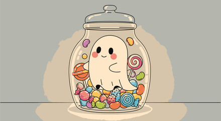 Cute Ghost in a Candy Jar Surrounded by Colorful Sweets.