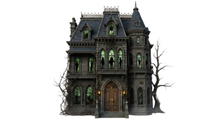 A spooky haunted house with silhouettes in the windows and a bare tree on the right side of the house