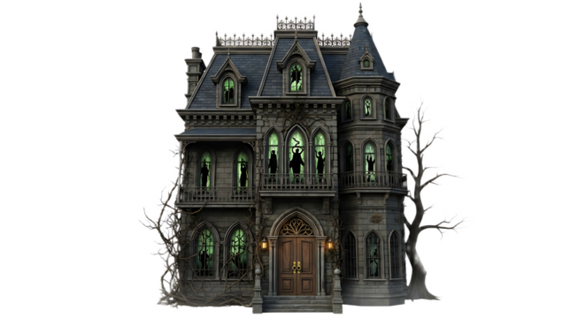 A spooky haunted house with silhouettes in the windows and a bare tree on the right side of the house
