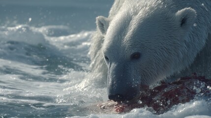 A polar bear rigorously grips a piece of raw meat while navigating the turbulent ocean waters. The polar bear's intense focus contrasts against the lively splashes of water around