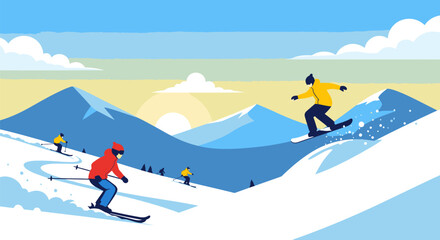 People enjoying winter sports on snowy mountain slopes.