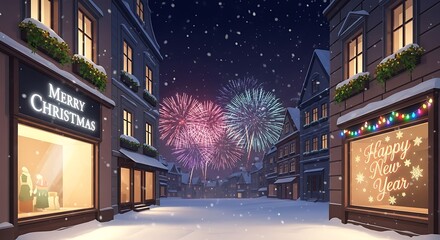Festive winter cityscape with fireworks celebrating christmas and new year's eve in a snowy town with holiday lights and decorations on buildings at night
