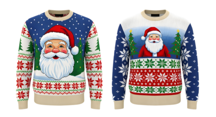 Two festive Christmas sweaters featuring Santa Claus and winter holiday patterns isolated on a transparent background