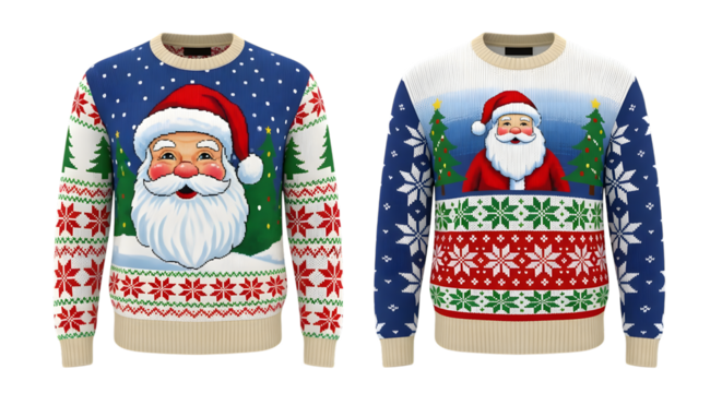 Two festive Christmas sweaters featuring Santa Claus and winter holiday patterns isolated on a transparent background