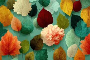Vibrant autumn leaves pattern with a peach flower on teal background for background design