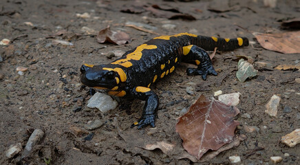 Close-up view of a fire salamander (Salamandra salamandra) on wet soil and autumn leaves in the Bükk Mountains, showing its bright warning colors and textured skin.
