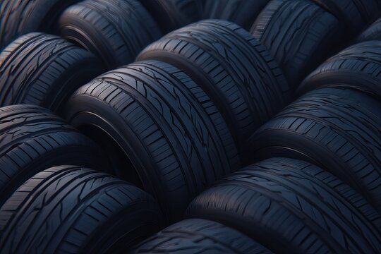 Close-up of Stacked New Car Tires with Tread Patterns. - Powered by Adobe