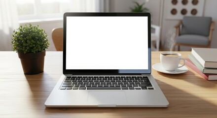 Fototapeta premium Laptop with a blank white screen on a wooden desk next to a coffee cup and plant providing a clean and modern workspace for remote work and creative projects