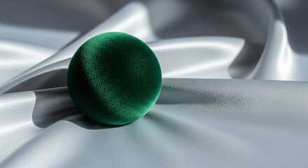 Emerald green velvet sphere on draped silver satin fabric, close-up.