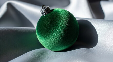 Green Christmas ornament on a white surface.
