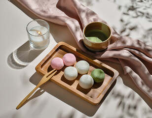 Assorted Mochi with Matcha Tea in Soft Sunlight — Japanese Dessert Still Life