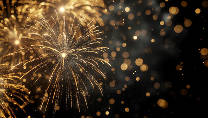 Golden fireworks and bokeh lights on a dark background.
