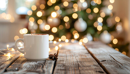 Cozy Christmas scene with a mug, star anise, and a decorated tree.