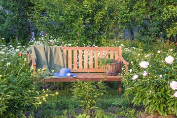 Blue hat, wicker basket with summer vegetable on a wooden bench in a blooming summer garden