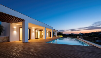 modern house with a wooden deck and swimming pool, set against the backdrop of the algarve's sunset sky.