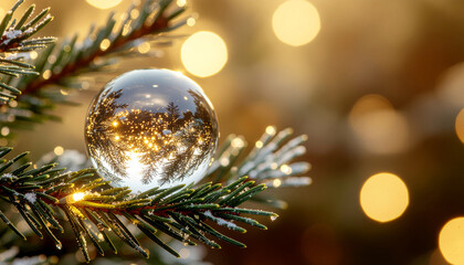 Close-up of a clear Christmas ornament on a pine branch with bokeh lights in the background.