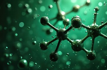 Abstract image molecular structure against green background. Water drops around the atom model, creating a dynamic design for scientific concepts. Perfect for science and tech visuals.