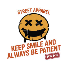 Distressed smiley face with Japanese text and street apparel slogan cracked dripping