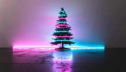Christmas tree with pink and blue neon lights in a dark room.