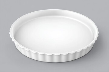 Empty white ceramic pie dish on gray background, top view.
