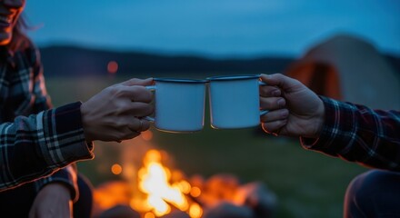 couple makes toast with enamel mugs over glowing campfire on camping trip at dusk. cozy togetherness and outdoor adventure. website header, banner with copy space.