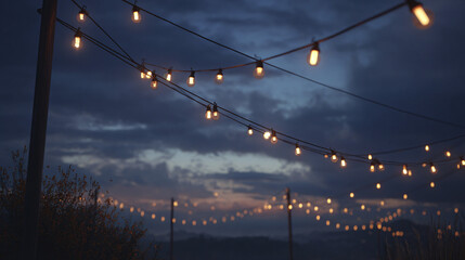 Evening sky scene with string lights, creating a magical atmosphere and casting a warm glow. The scene evokes a sense of tranquility and celebration