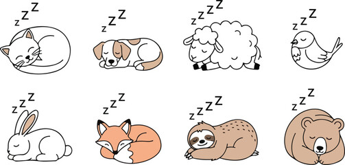 Naklejka premium Adorable sleeping animals illustration featuring a cat dog sheep bird rabbit fox sloth and bear.