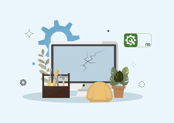 Damaged Computer Monitor with Repairability Score and Tools. Cracked screen monitor highlighting electronic repair assessment and sustainable design practices. Flat style. Vector illustration